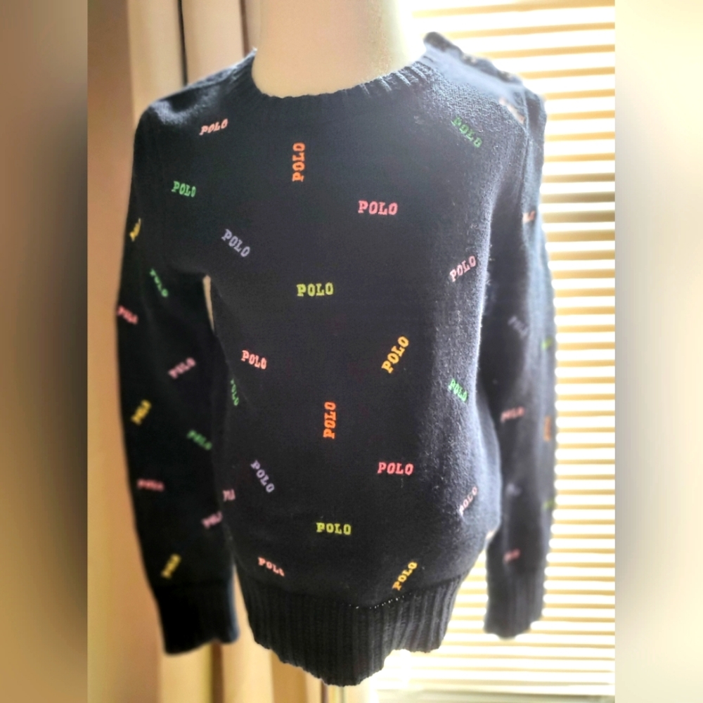 Navy POLO Ralph Lauren Multicolor Polo logo Toddler Girl Cable Knit Sweater.